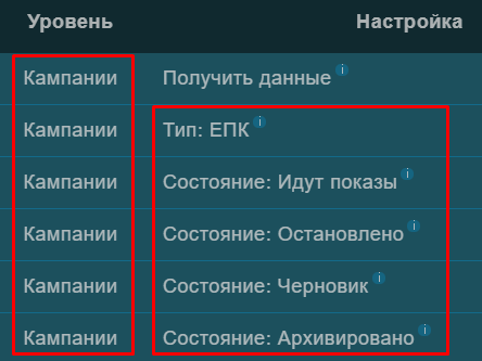 Параметры, отвечающие за фильтрацию по типам и состоянию кампаний